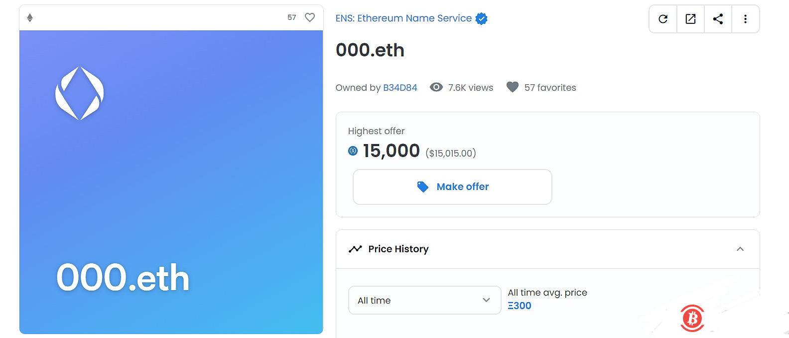  “000.eth”以300ETH成交，位列以ETH计价的ENS成交价第二名 