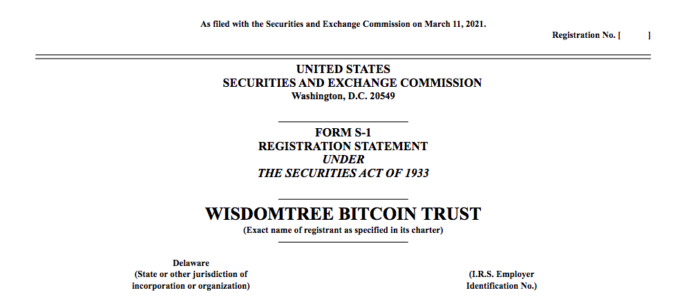 美国上市基金公司WisdomTree向SEC提交比特币ETF申请