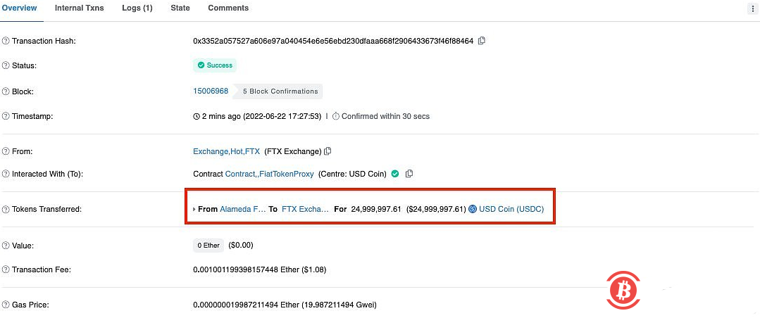  Alameda再向FTX转入2500万枚USDC 