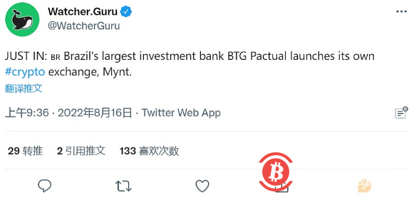 巴西投资银行BTG Pactual宣布推出加密货币交易所Mynt
