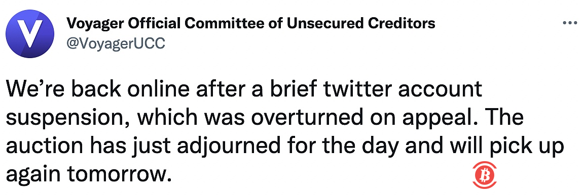 Voyager无担保债权人官方委员会的推特账户被暂停后重新上线 
