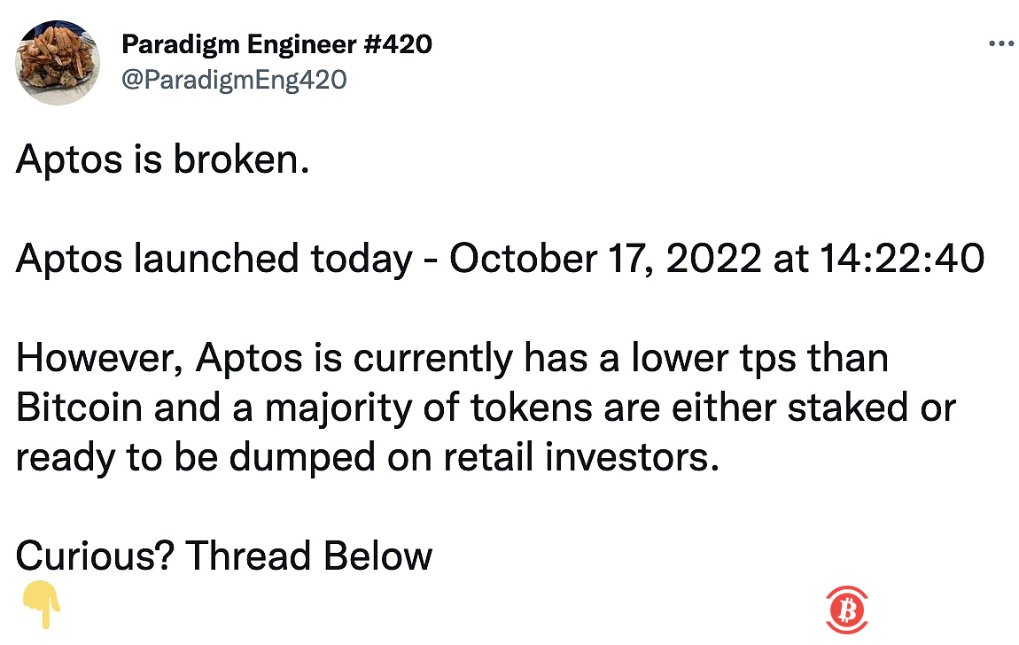 工程师：目前Aptos TPS低于比特币，超80% APT供应由团队和投资者控制 