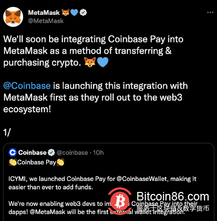  Coinbase Pay 上线，MetaMask 将在几周内集成 Coinbase Pay 