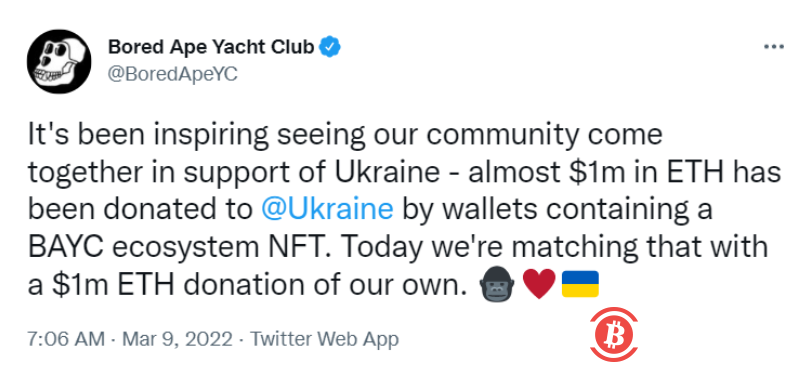 BAYC向乌克兰捐赠388.999枚ETH